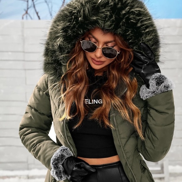 Cozy Zipper Vegan Fur Hooded Puffer Jacket Coat - Picture 8 of 15